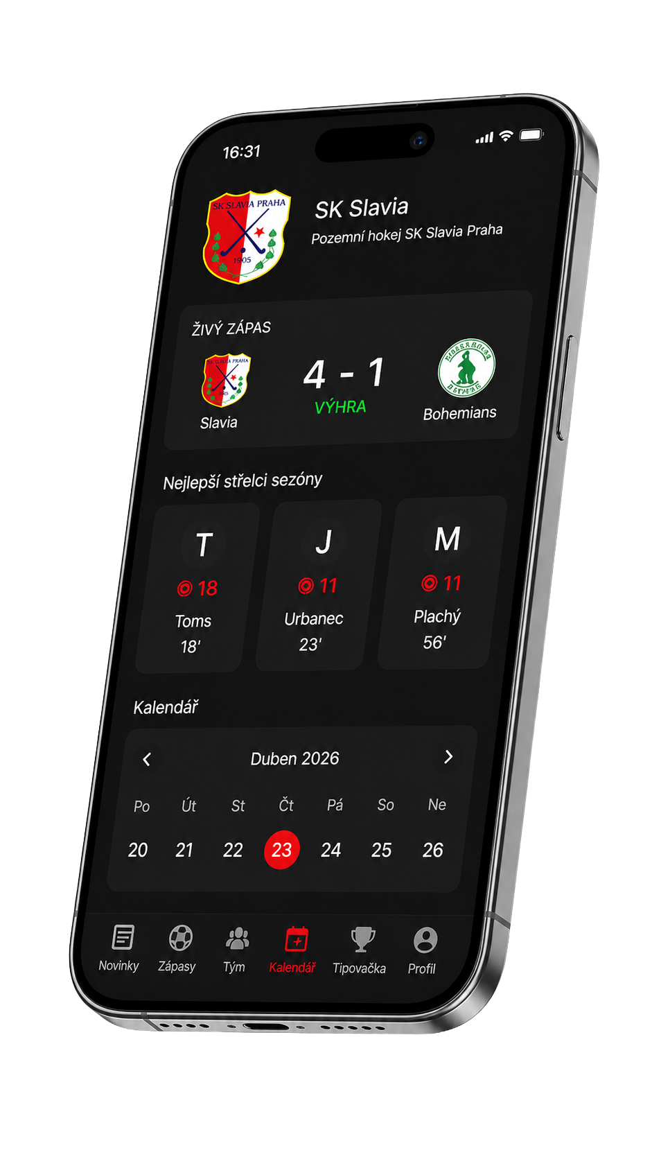 Mobilní aplikace SK Slavia — domovská obrazovka
