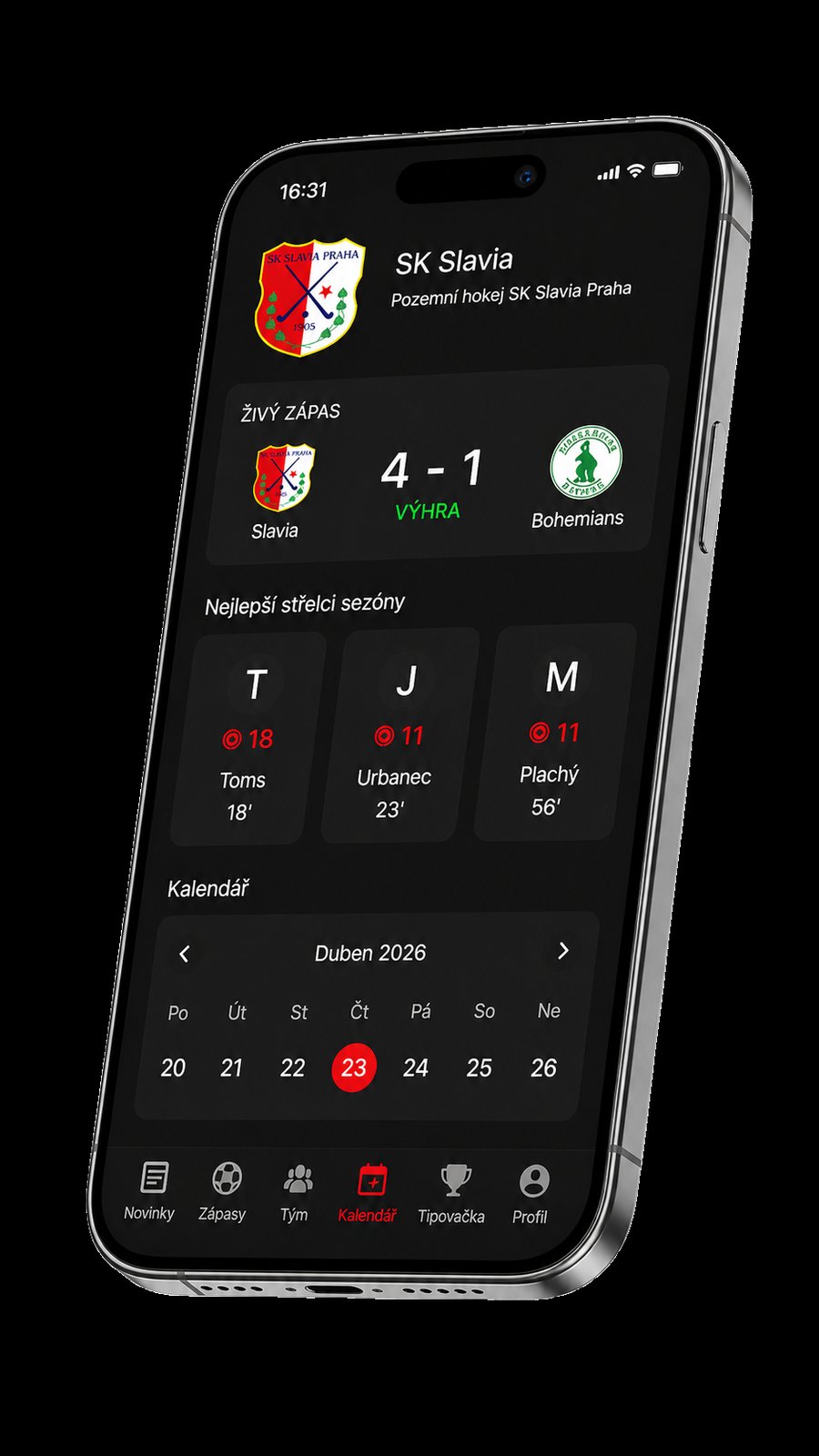 Mobilní aplikace SK Slavia — domovská obrazovka